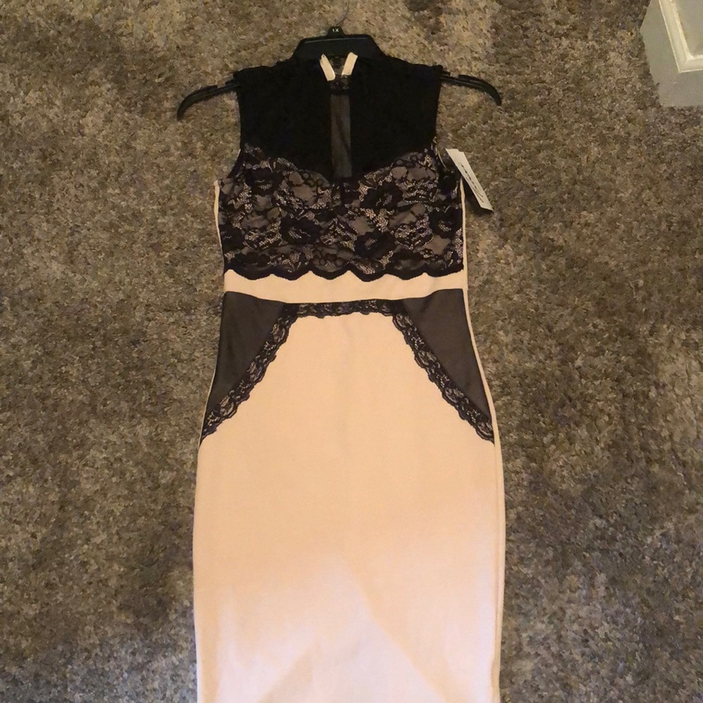 Taupe and black Illusion and lace dress